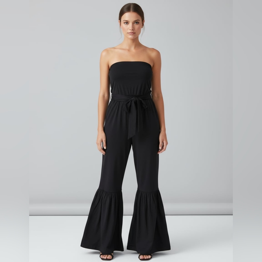 Rue21Black Strapless Wide-Leg Jumpsuit With Tie Waist Ruffle Hem & Elastic Top